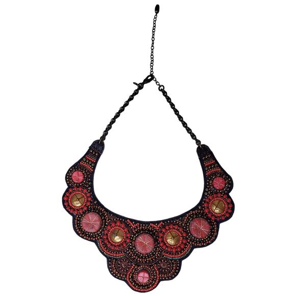 Vintage CHICOS Heavily Beaded on ? Leather Collar Statement Necklace in VGUC - Picture 1 of 7